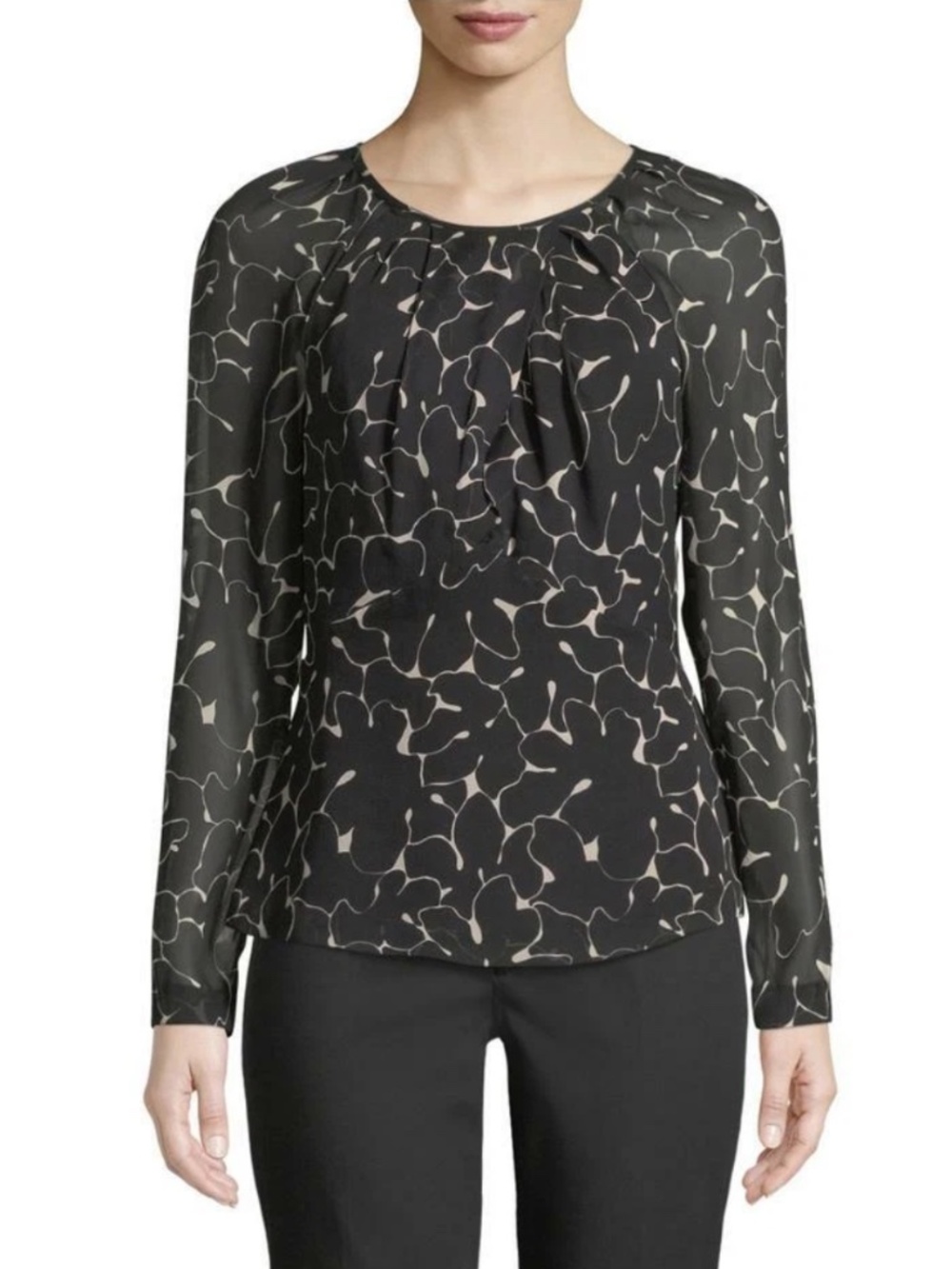 Club Monaco Black and Cream Abstract Floral Long-Sleeve Blouse, like new, size L